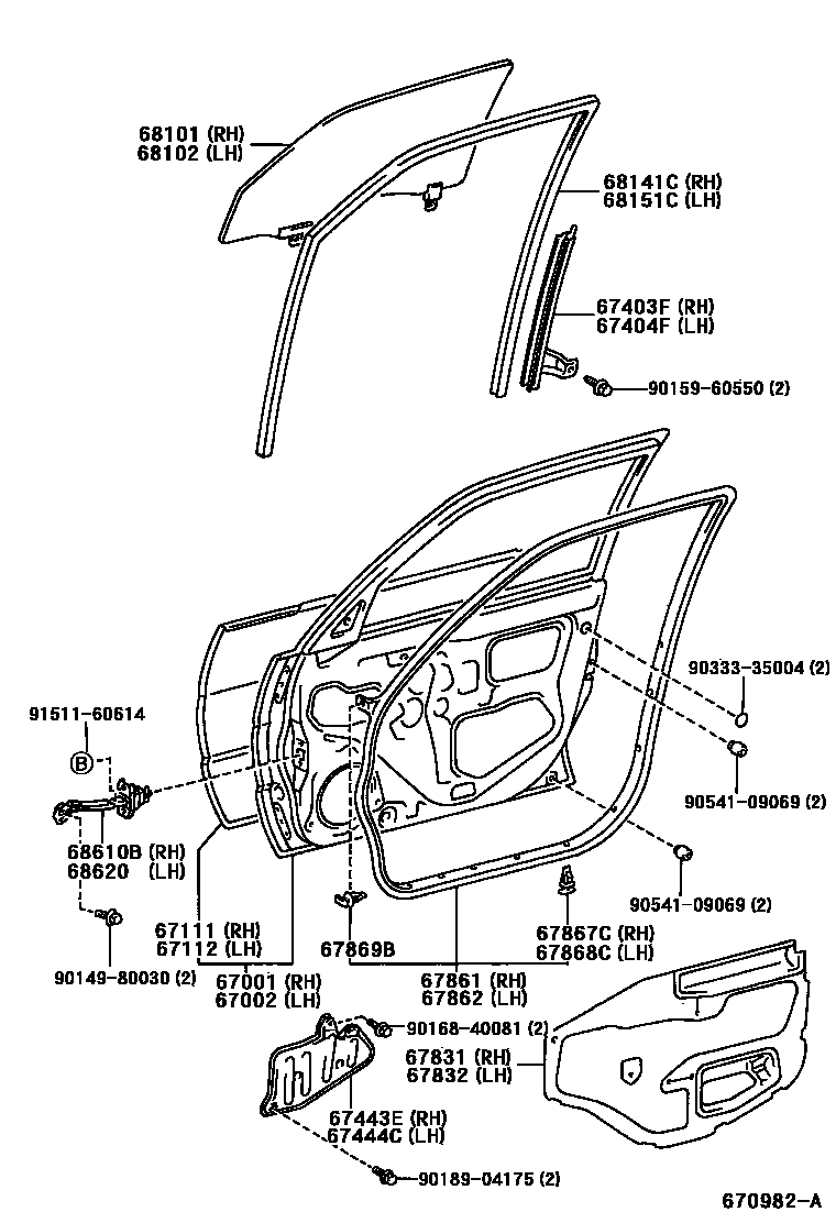 Toyota COROLLA 前门板和前门玻璃 EPC diagram — 670982A