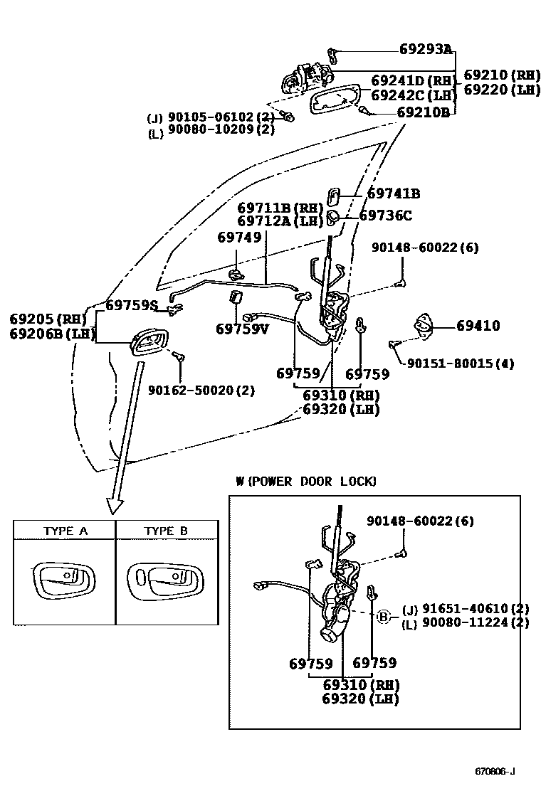 Toyota COROLLA 前门锁和车门把手 EPC diagram — 670806J