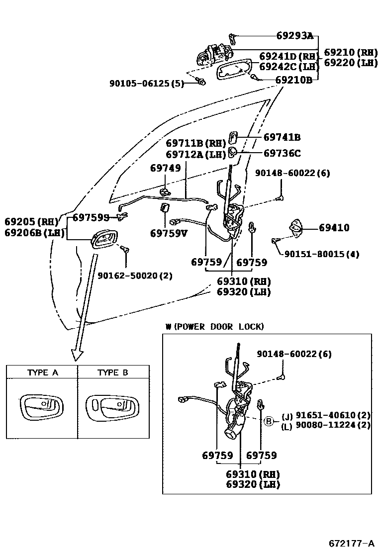 Toyota COROLLA 前门锁和车门把手 EPC diagram — 672177A