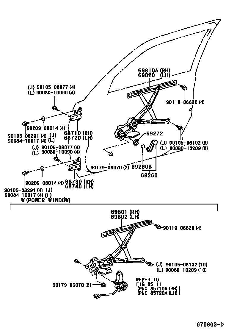 Toyota COROLLA 前门车窗升降器和合页 EPC diagram — 670803D
