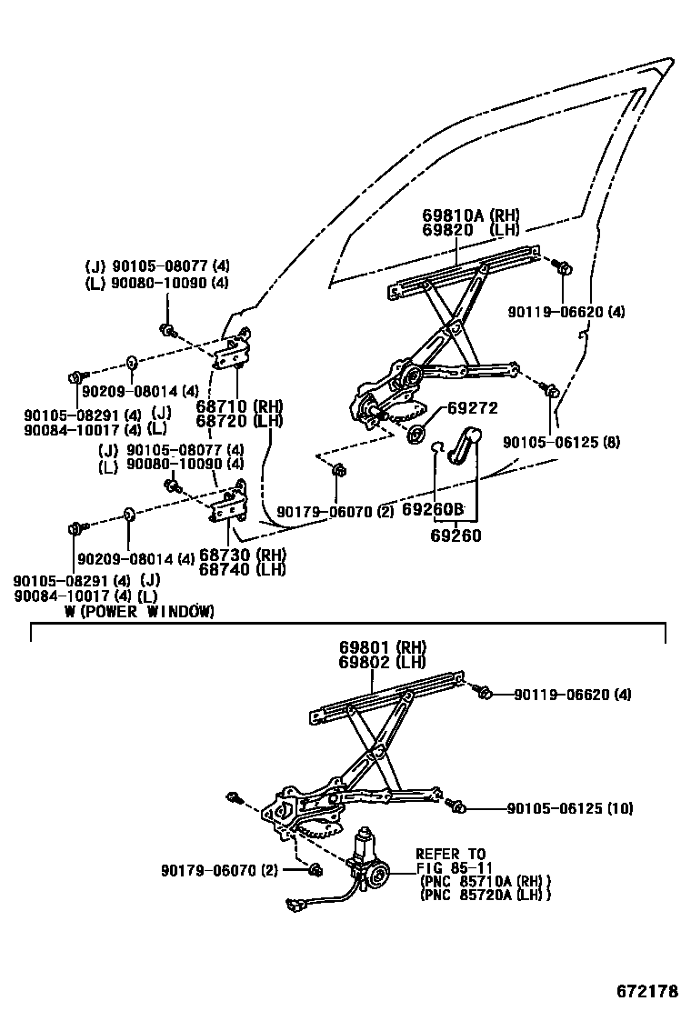 Toyota COROLLA 前门车窗升降器和合页 EPC diagram — 672178