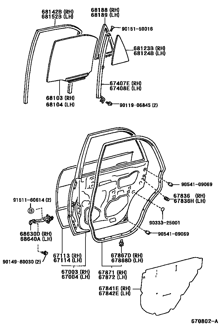 Toyota COROLLA 后门板和后门玻璃 EPC diagram — 670802A