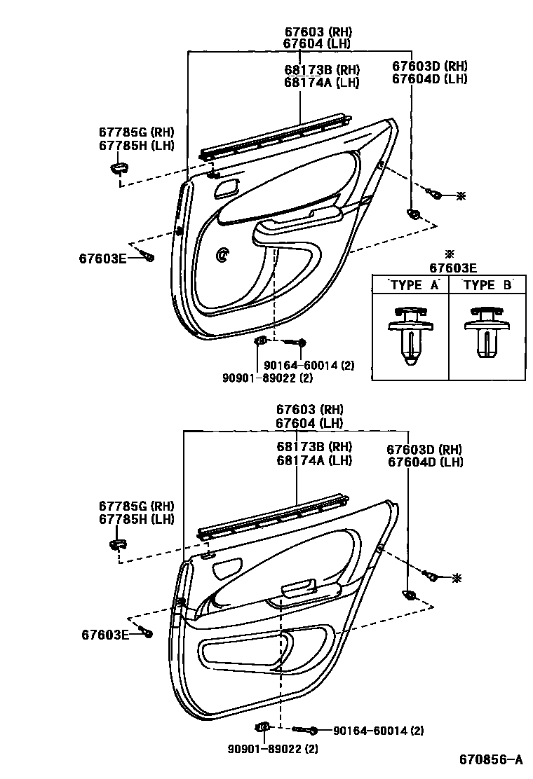 Toyota COROLLA 后门板和后门玻璃 EPC diagram — 670856A