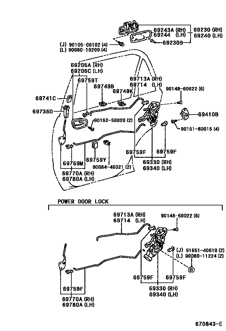 Toyota COROLLA 后门锁和后门把手 EPC diagram — 670843E