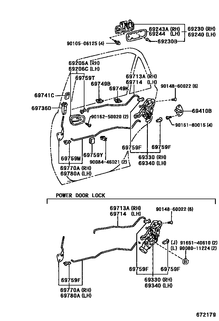 Toyota COROLLA 后门锁和后门把手 EPC diagram — 672179