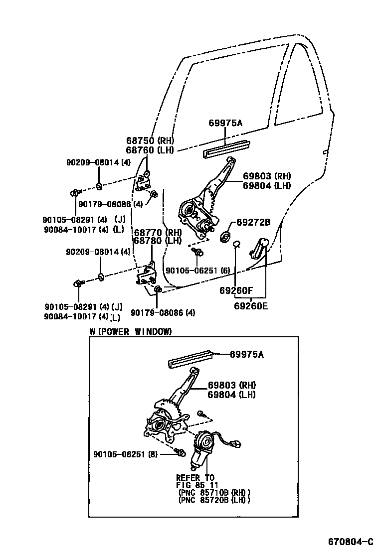 Toyota COROLLA 后门车窗升降器和合页 EPC diagram — 670804C