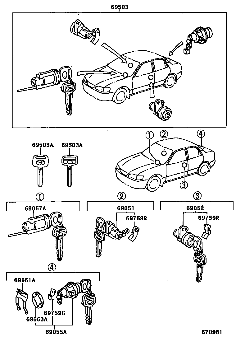 Toyota COROLLA 锁芯组件 EPC diagram — 670981
