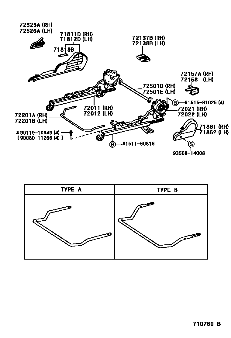 Toyota COROLLA 前排座椅和座椅滑轨 EPC diagram — 710760B
