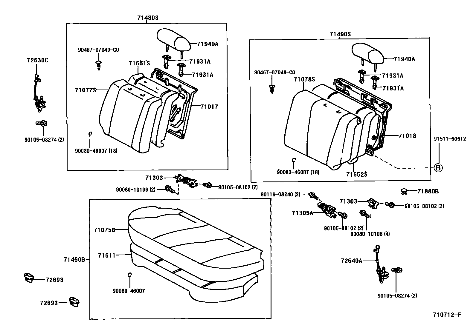 Toyota COROLLA 后排座椅和座椅滑轨 EPC diagram — 710712F