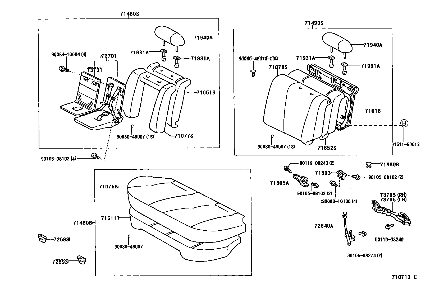 Toyota COROLLA 后排座椅和座椅滑轨 EPC diagram — 710713C