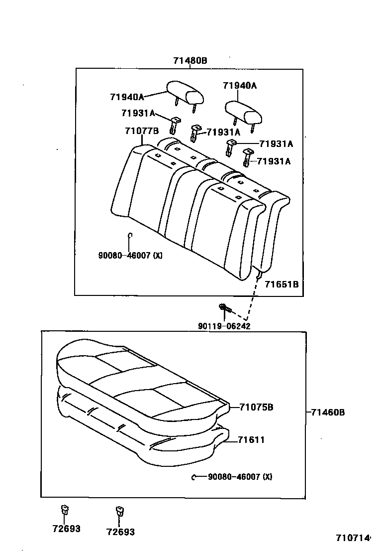 Toyota COROLLA 后排座椅和座椅滑轨 EPC diagram — 710714