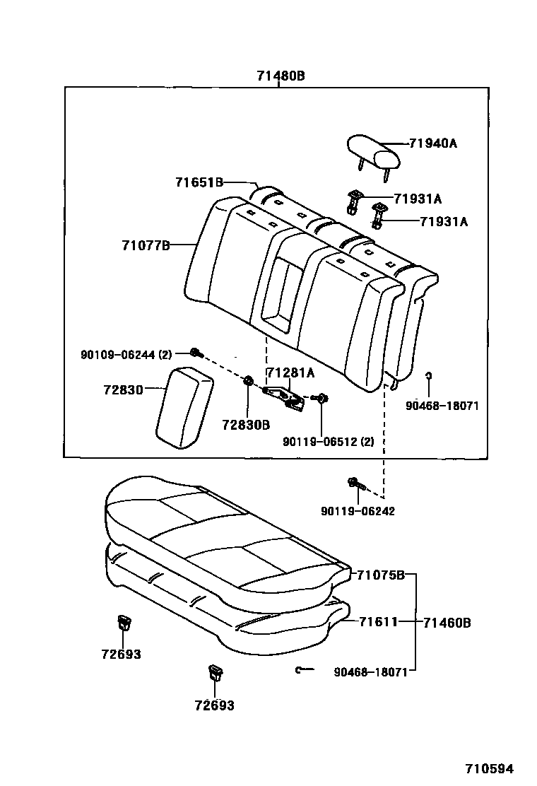 Toyota COROLLA 后排座椅和座椅滑轨 EPC diagram — 710777