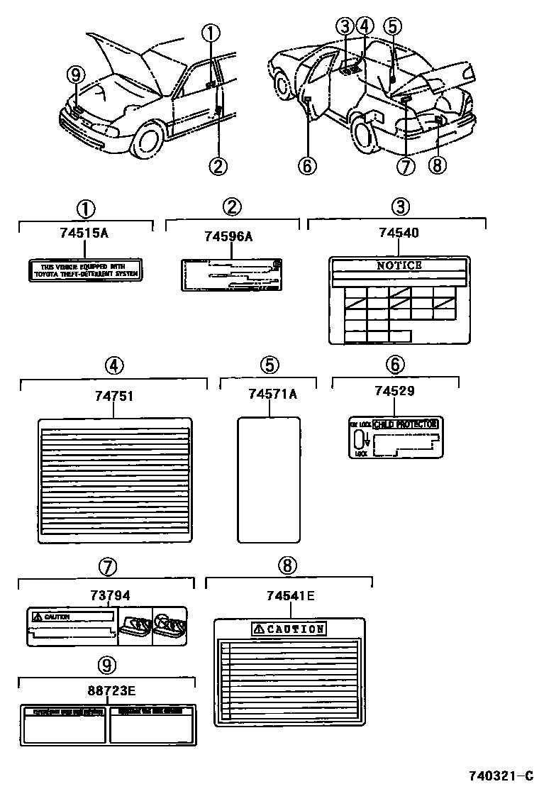 Toyota COROLLA 警示铭牌(车外和车内) EPC diagram — 740321C