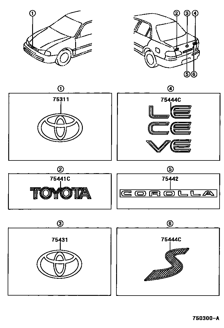 Toyota COROLLA 丰田徽标和铭牌(车外和车内) EPC diagram — 750300A