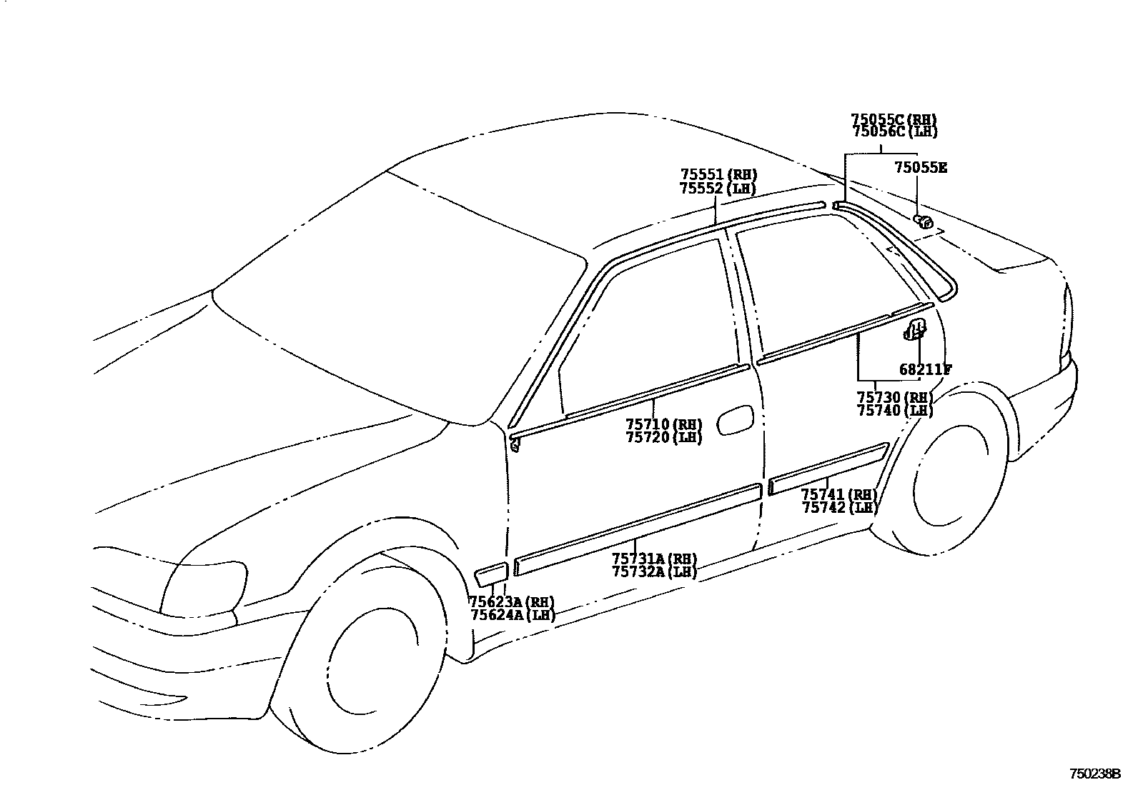 Toyota COROLLA 侧防护条 EPC diagram — 750238C