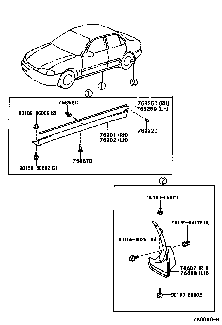 Toyota COROLLA 挡泥板和扰流板 EPC diagram — 760090B