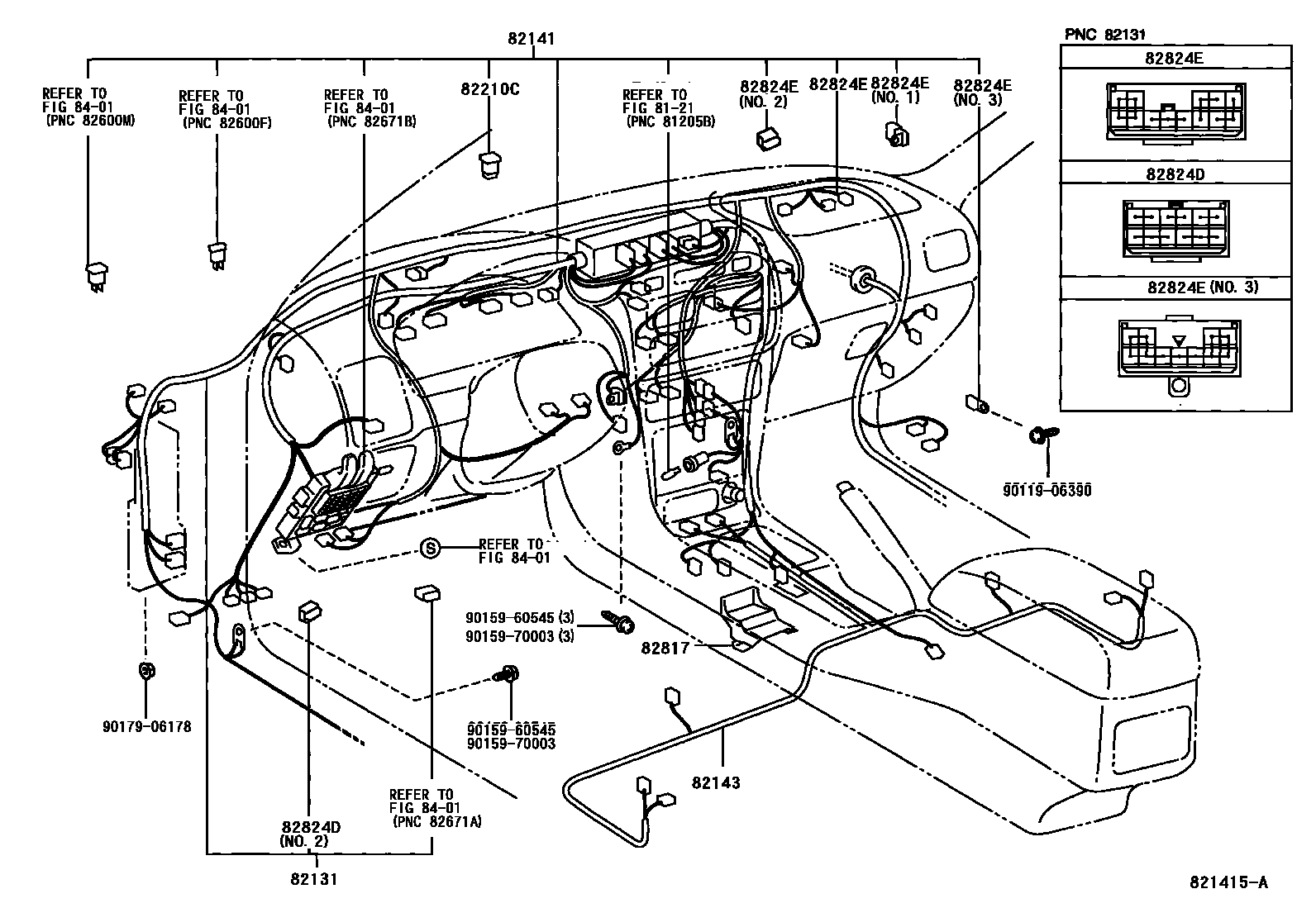 Toyota COROLLA 线束和卡夹 EPC diagram — 821415A