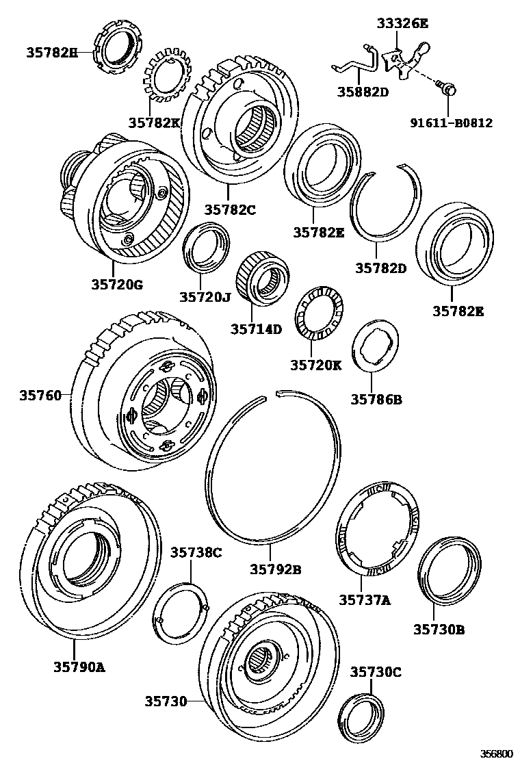 Toyota COROLLA 行星齿轮、倒档活塞和中间轴齿轮(ATM) EPC diagram — 356800