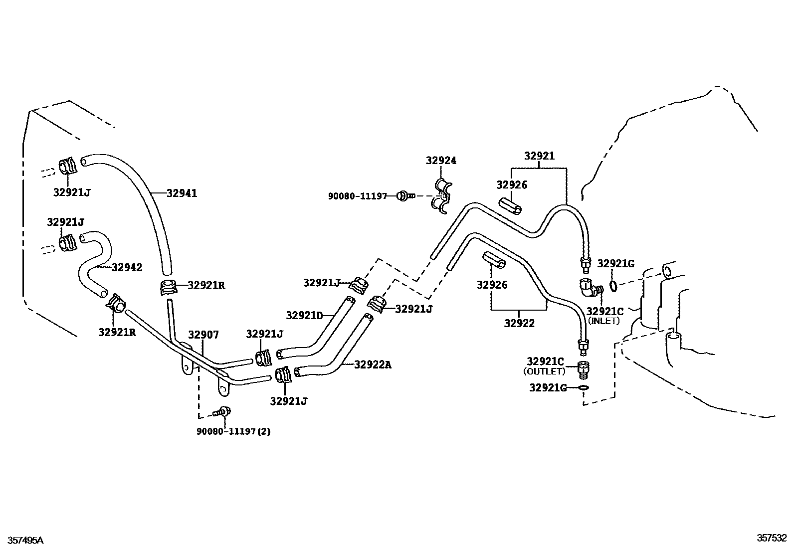 Toyota COROLLA 变速器油冷却器和配管(ATM) EPC diagram — 357532