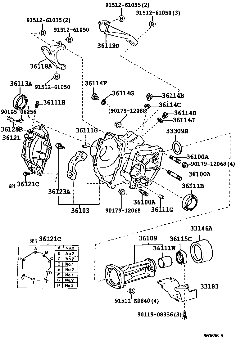 Toyota COROLLA Transfer Case & Extension Housing EPC diagram — 360696A