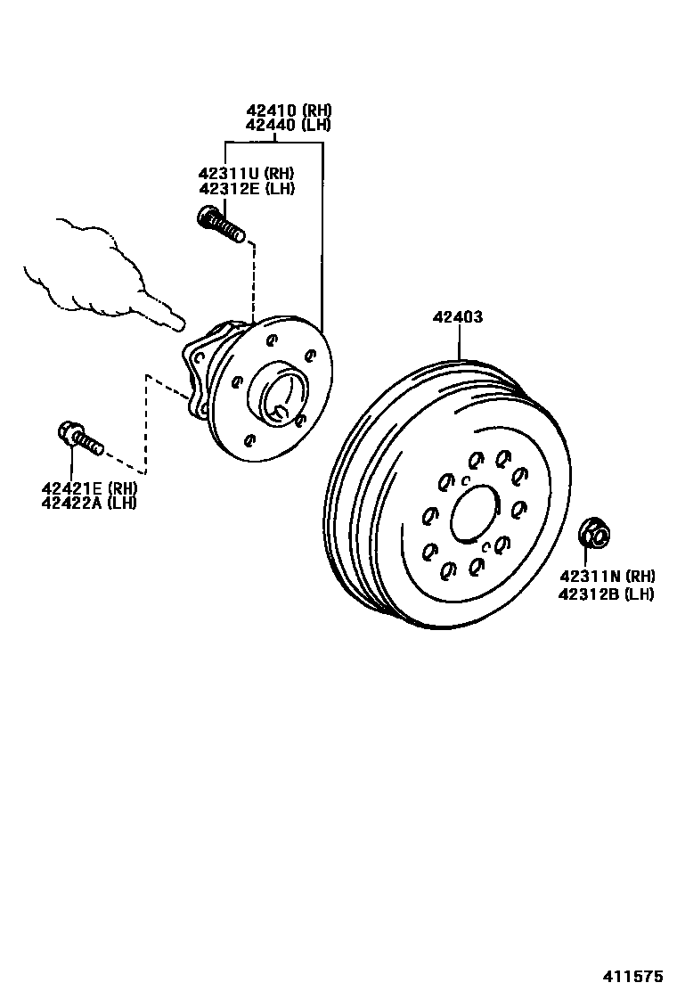 Toyota COROLLA 后桥半轴和后桥轮毂 EPC diagram — 411575