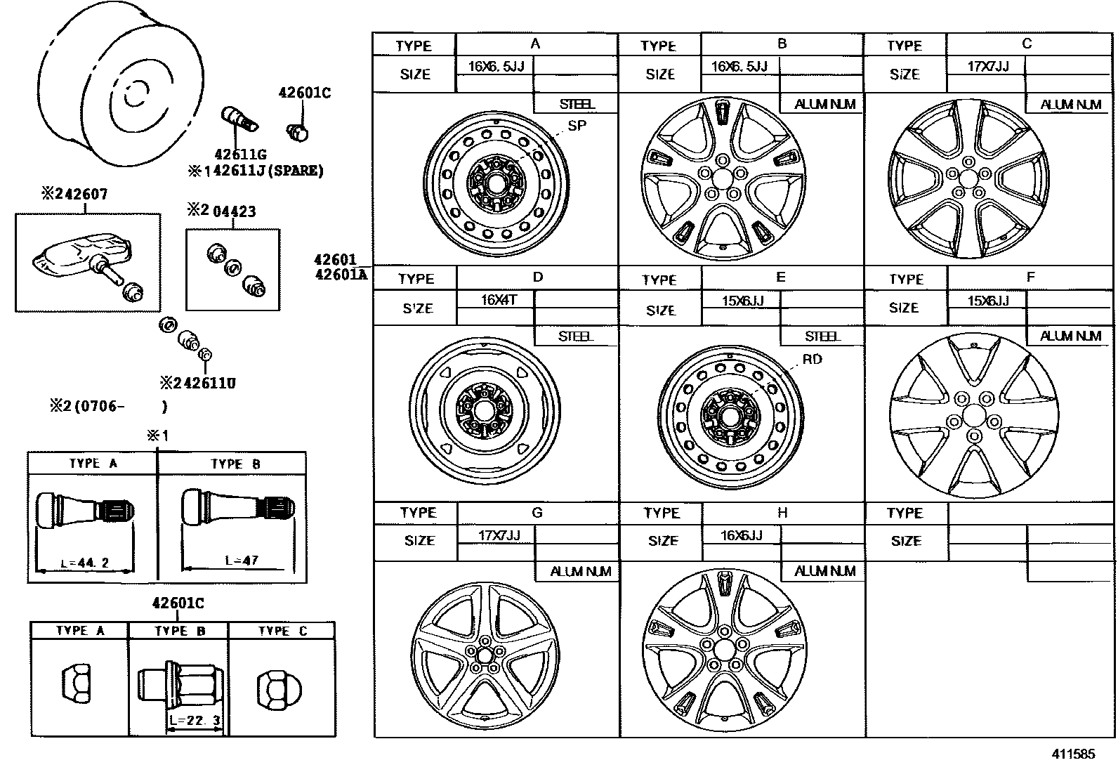 Toyota COROLLA 车轮和车轮盖 EPC diagram — 411585G