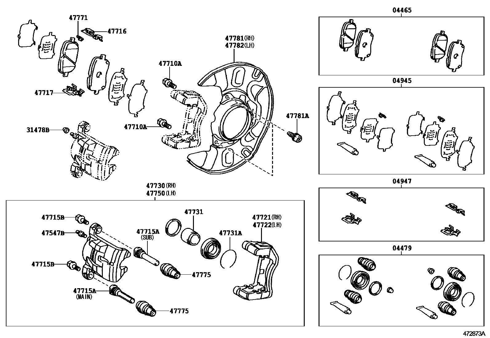Toyota COROLLA 前盘式制动器卡钳和防尘罩 EPC diagram — 472873A