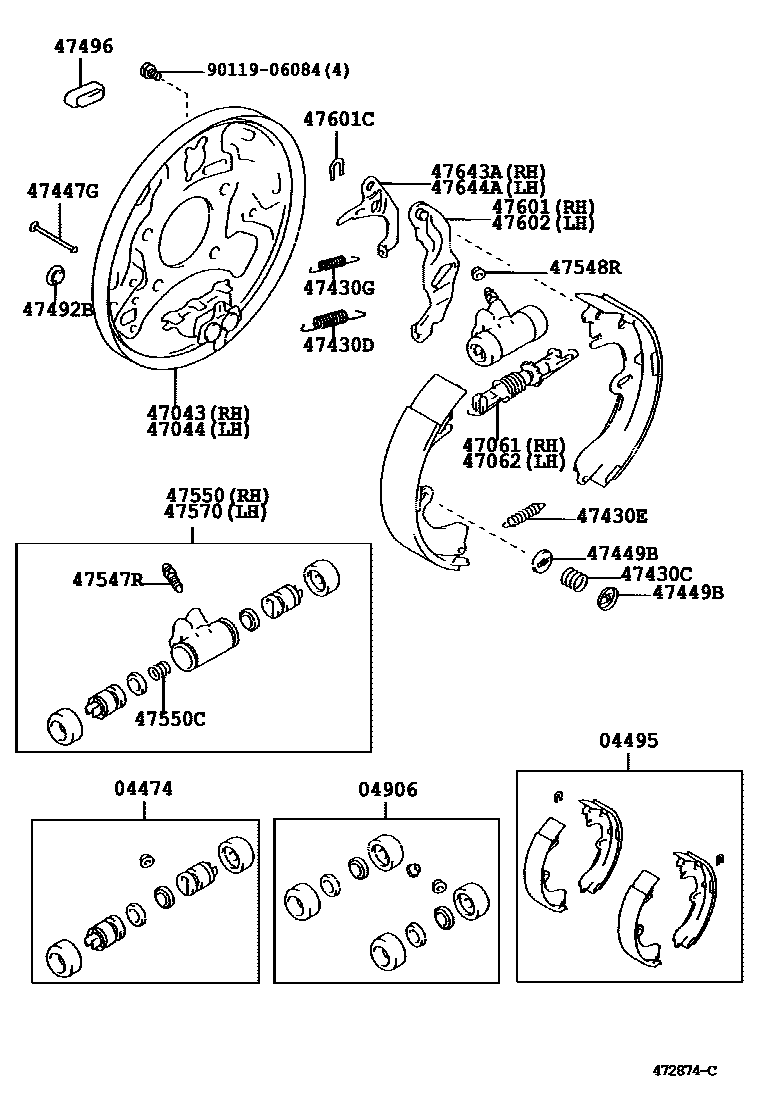 Toyota COROLLA 后鼓式制动器分泵和底板 EPC diagram — 472874C