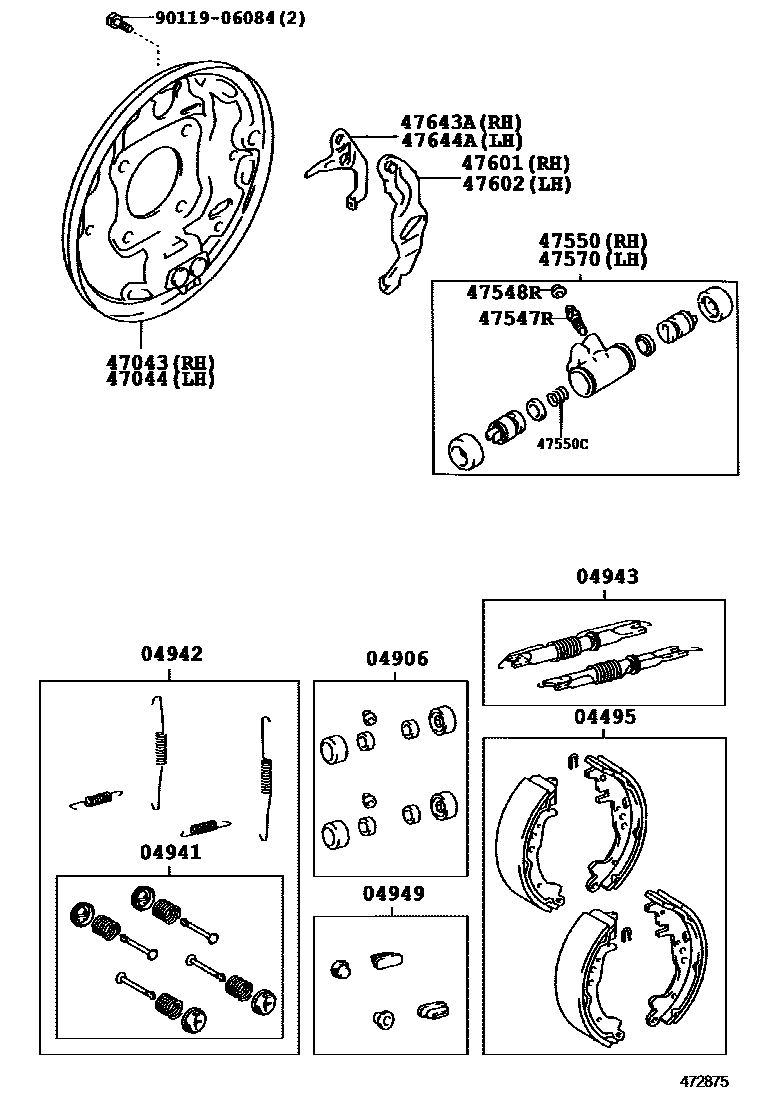 Toyota COROLLA 后鼓式制动器分泵和底板 EPC diagram — 472875G