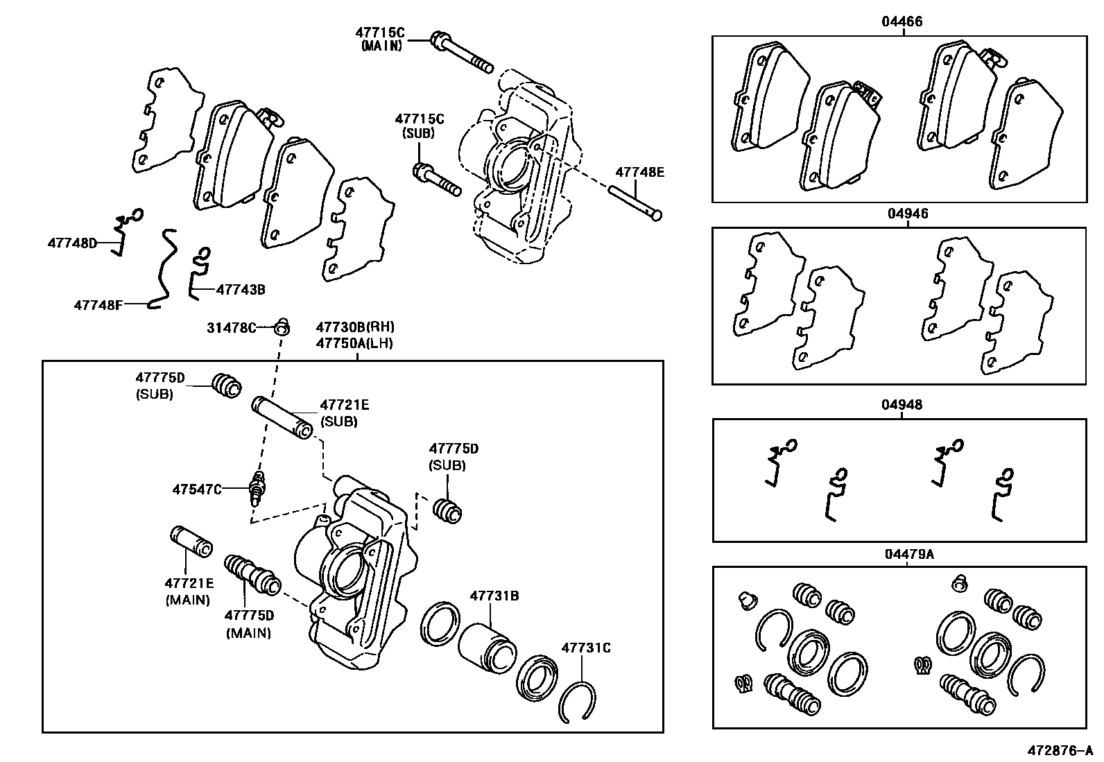 Toyota COROLLA 后盘式制动器卡钳和防尘罩 EPC diagram — 472876A