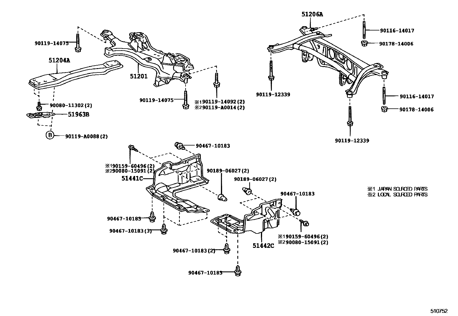 Toyota COROLLA 悬架横梁和发动机底罩 EPC diagram — 510752G