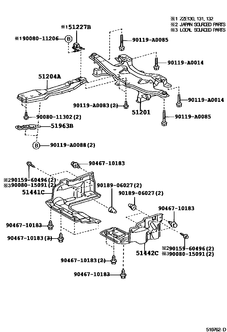 Toyota COROLLA 悬架横梁和发动机底罩 EPC diagram — 510762E