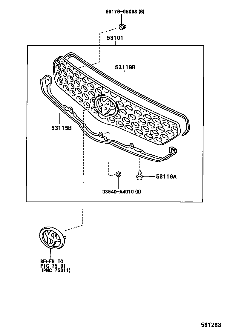 Toyota COROLLA radiator grille EPC diagram — 531233