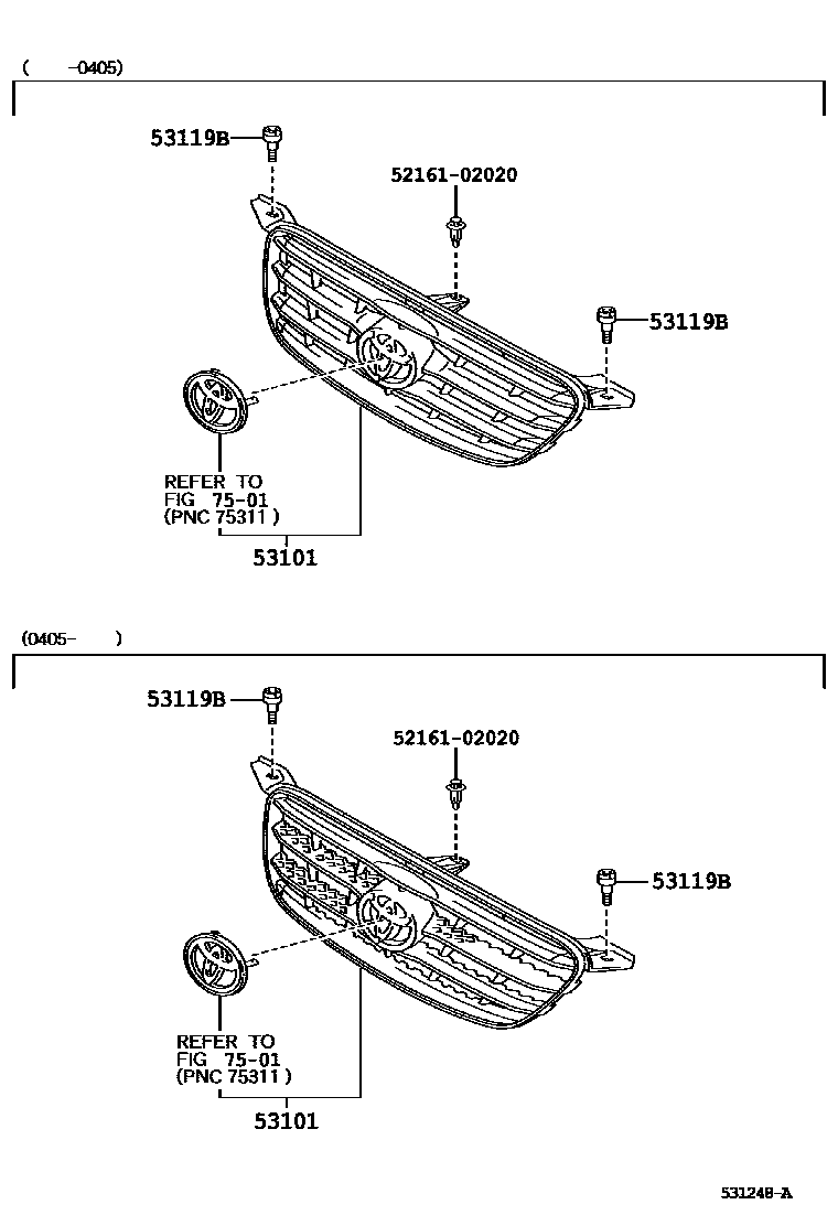 Toyota COROLLA radiator grille EPC diagram — 531248A