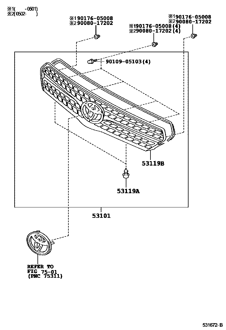 Toyota COROLLA radiator grille EPC diagram — 531672C