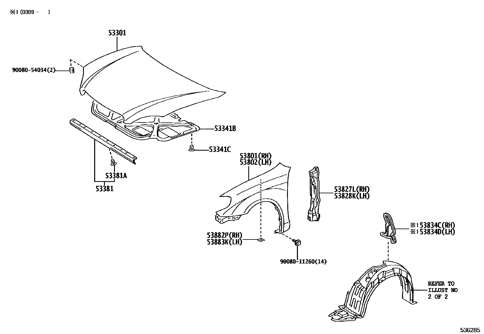 Toyota COROLLA 发动机盖和前翼子板 EPC diagram — 536285