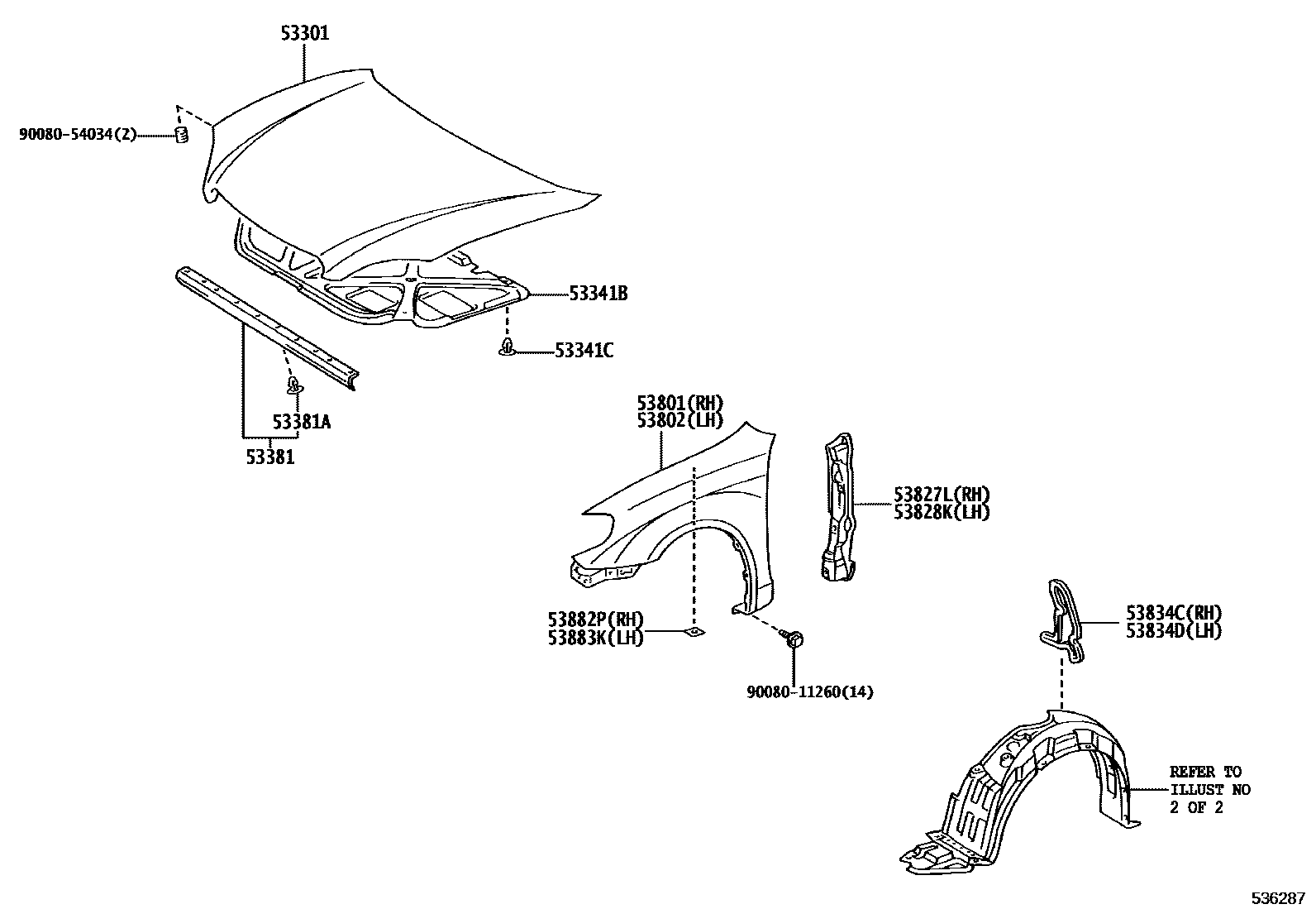 Toyota COROLLA 发动机盖和前翼子板 EPC diagram — 536287