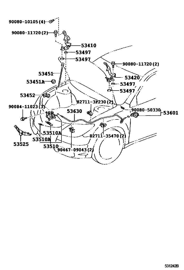 Toyota COROLLA 发动机盖锁和铰链 EPC diagram — 531242B