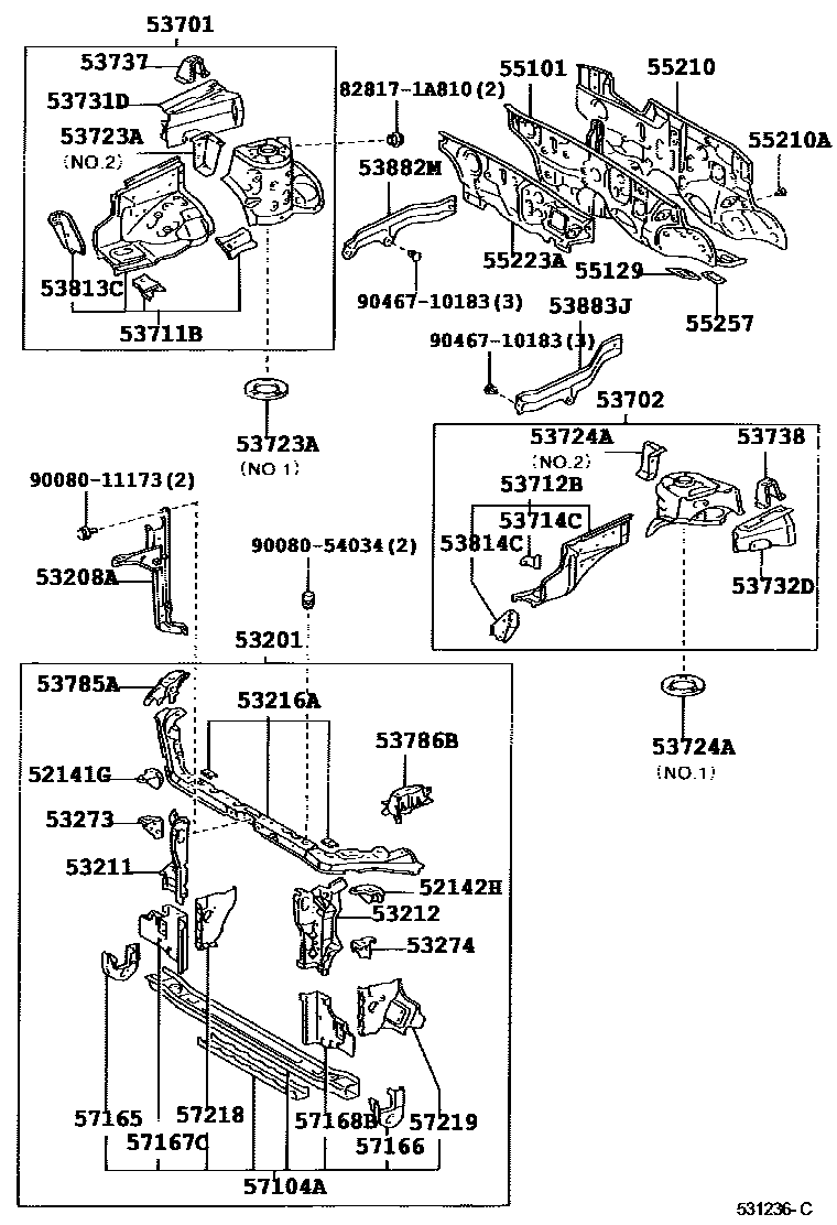 Toyota COROLLA 前翼子板挡泥板和前围板 EPC diagram — 531236C