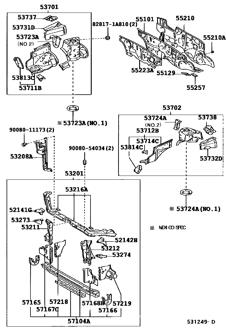 Toyota COROLLA 前翼子板挡泥板和前围板 EPC diagram — 531249D