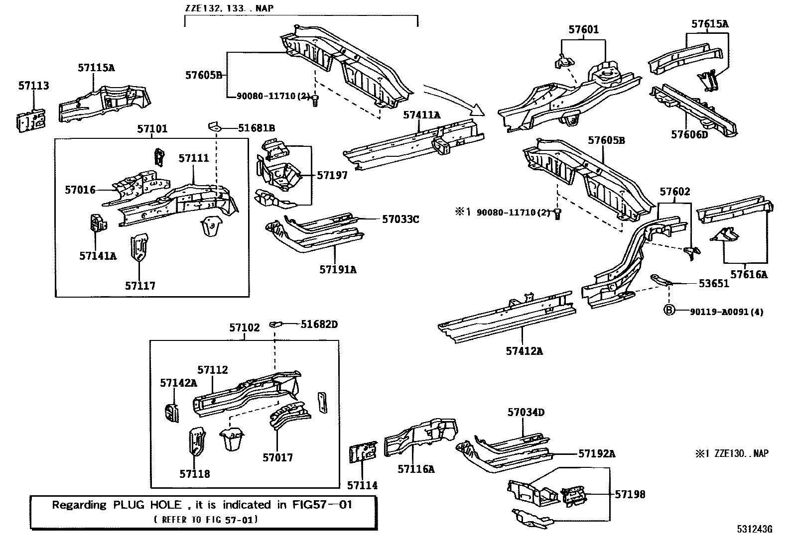 Toyota COROLLA Floor stringers EPC diagram — 531243H