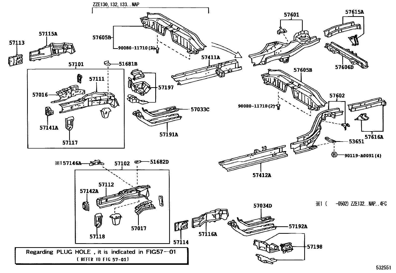 Toyota COROLLA Floor stringers EPC diagram — 532551