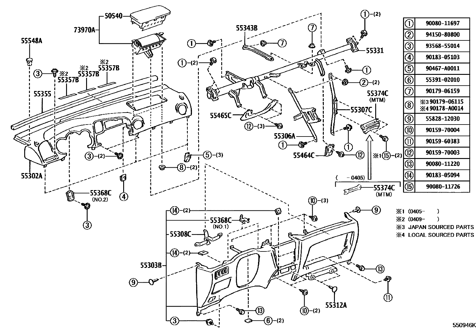 Toyota COROLLA 仪表板和手套箱 EPC diagram — 550946K