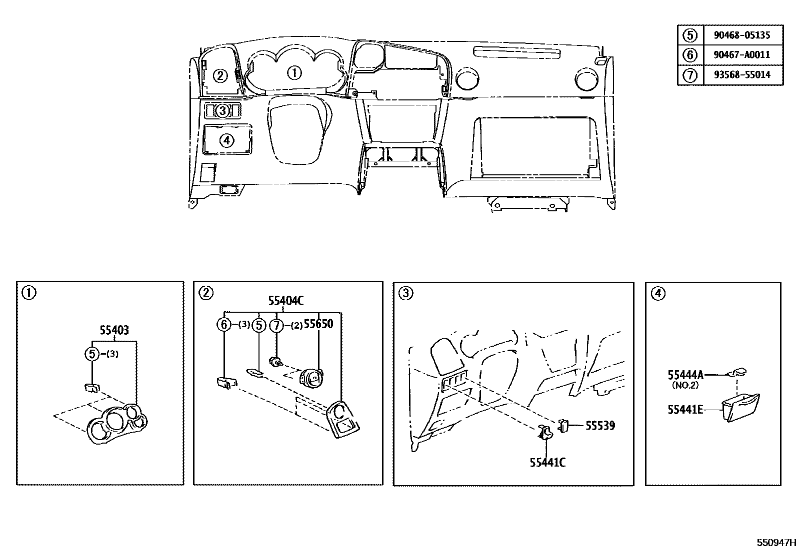 Toyota COROLLA 仪表板和手套箱 EPC diagram — 550947H