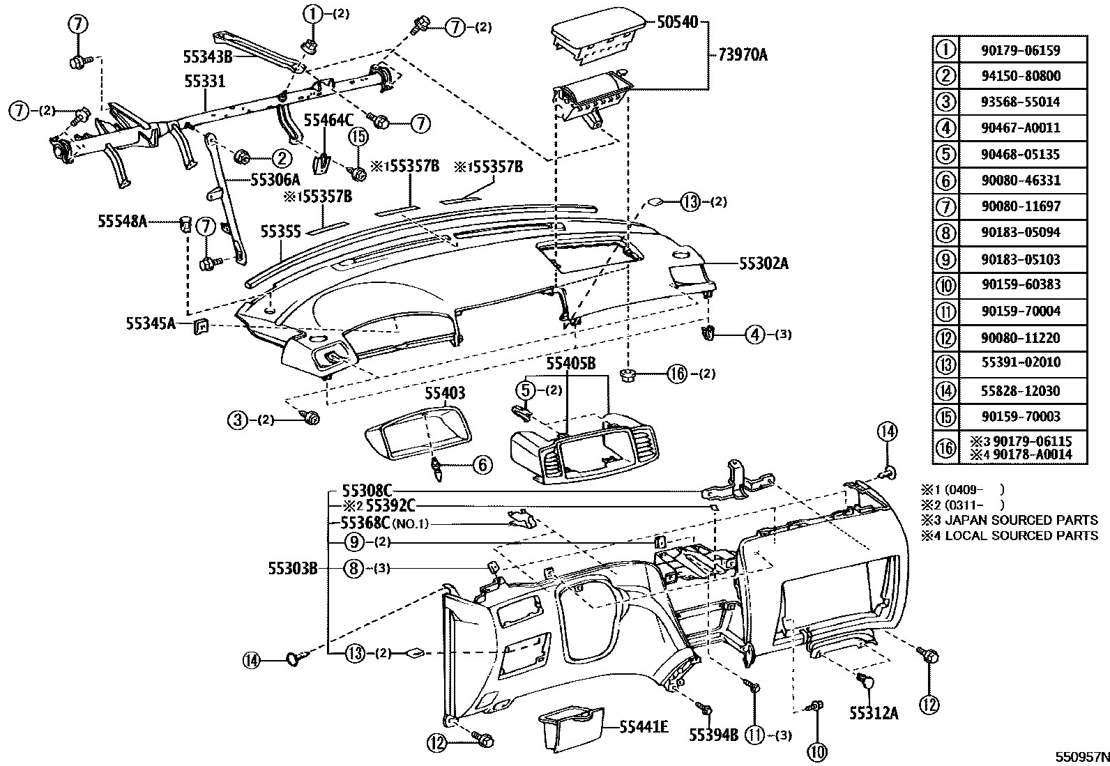 Toyota COROLLA 仪表板和手套箱 EPC diagram — 550957N