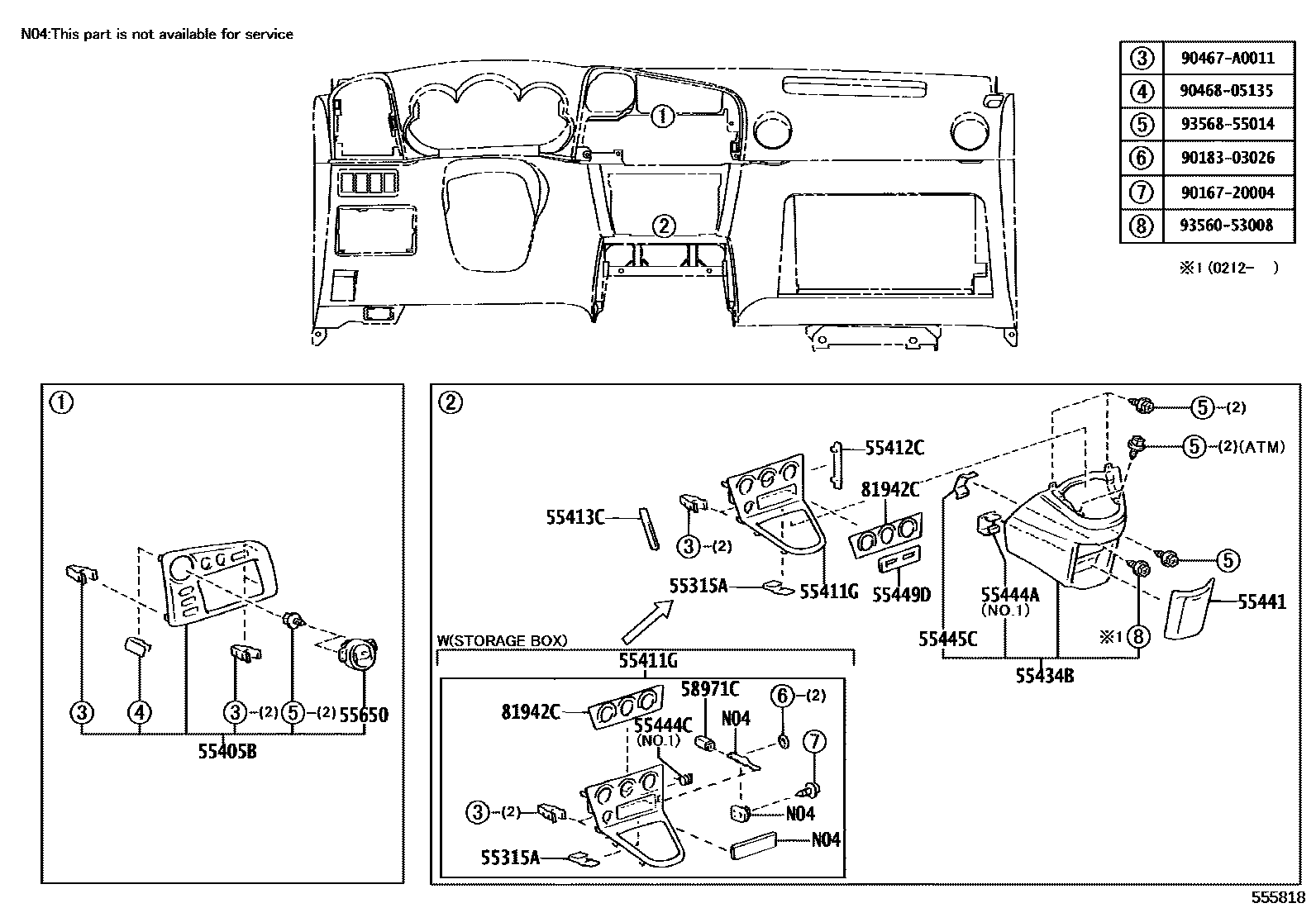Toyota COROLLA 仪表板和手套箱 EPC diagram — 555818