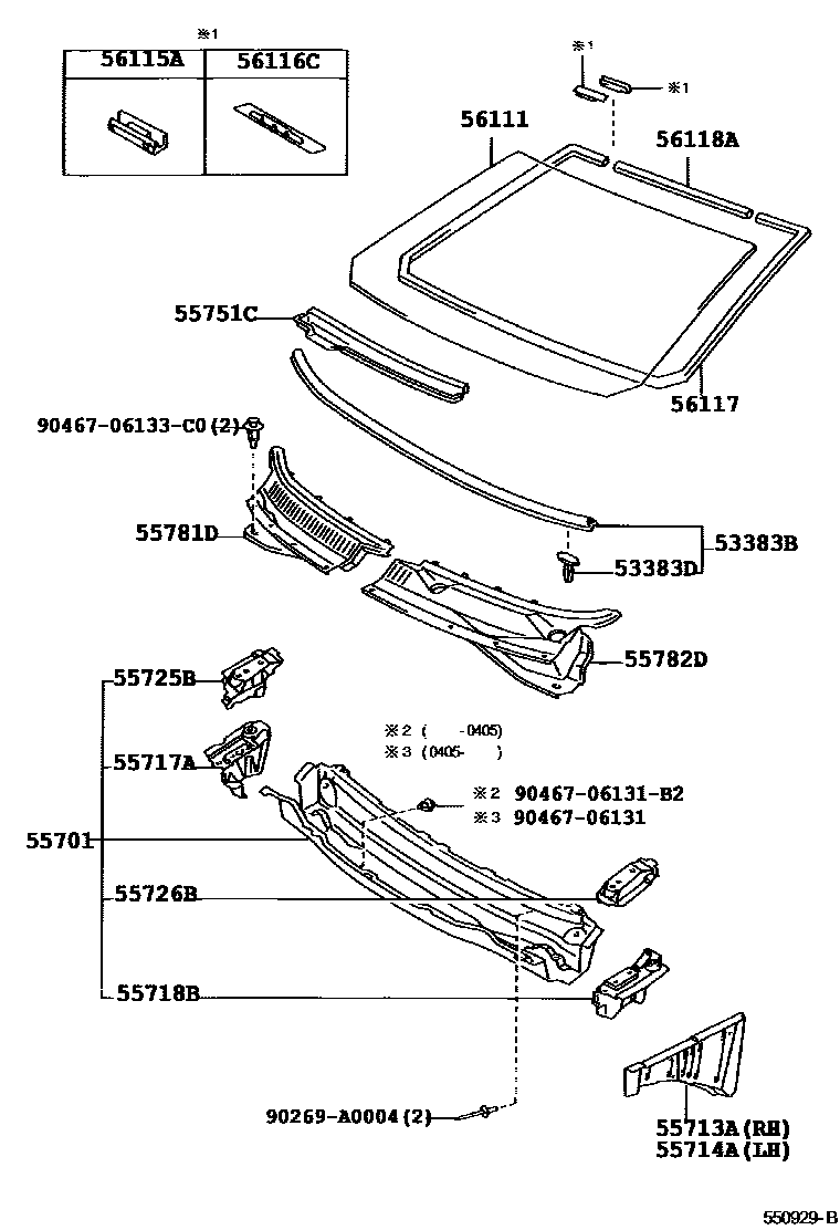 Toyota COROLLA 前围板和挡风玻璃 EPC diagram — 550929B