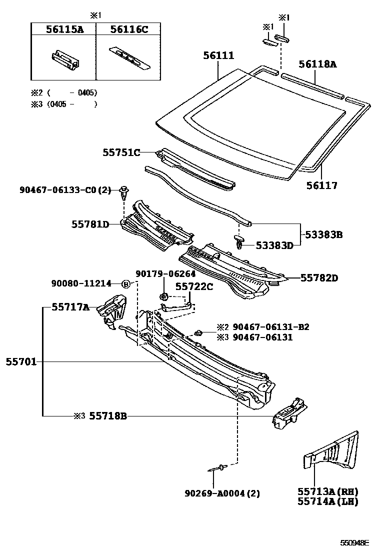 Toyota COROLLA 前围板和挡风玻璃 EPC diagram — 550948E