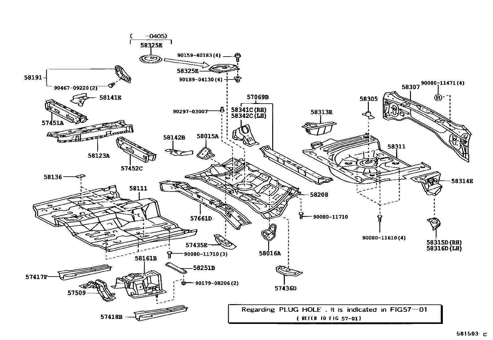 Toyota COROLLA 浅盘形地板和车身下背板 EPC diagram — 581503C