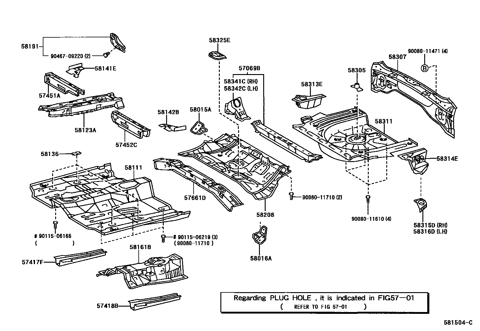 Toyota COROLLA 浅盘形地板和车身下背板 EPC diagram — 581504C